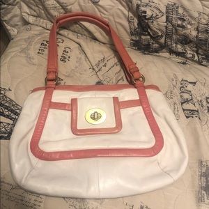Coach White/Coral Leather Cricket Satchel Bag Summer beauty